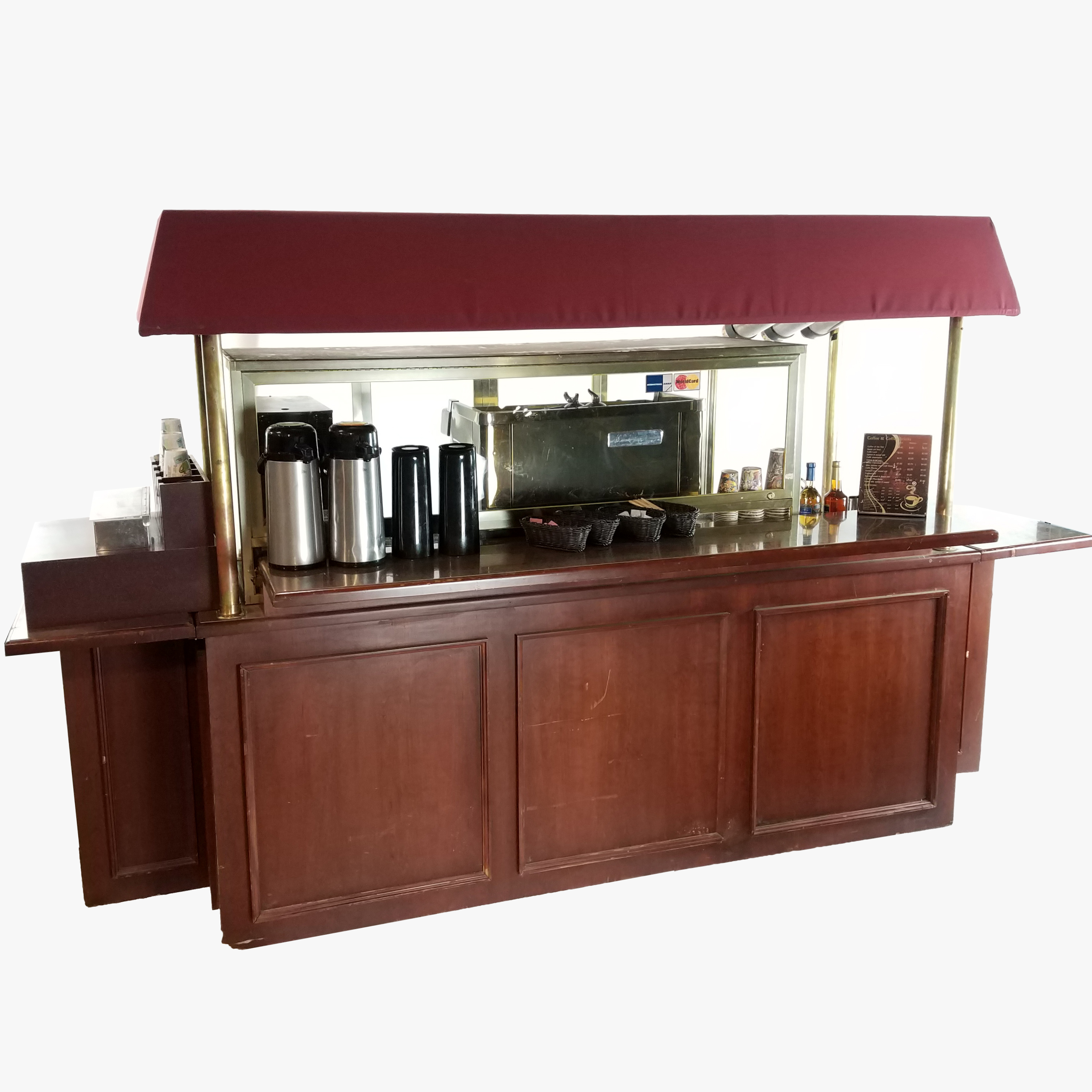 ESPRESSO & COFFEE CART / WOOD / BRASS BURGUNDY AWNING / DRESSED Air Designs