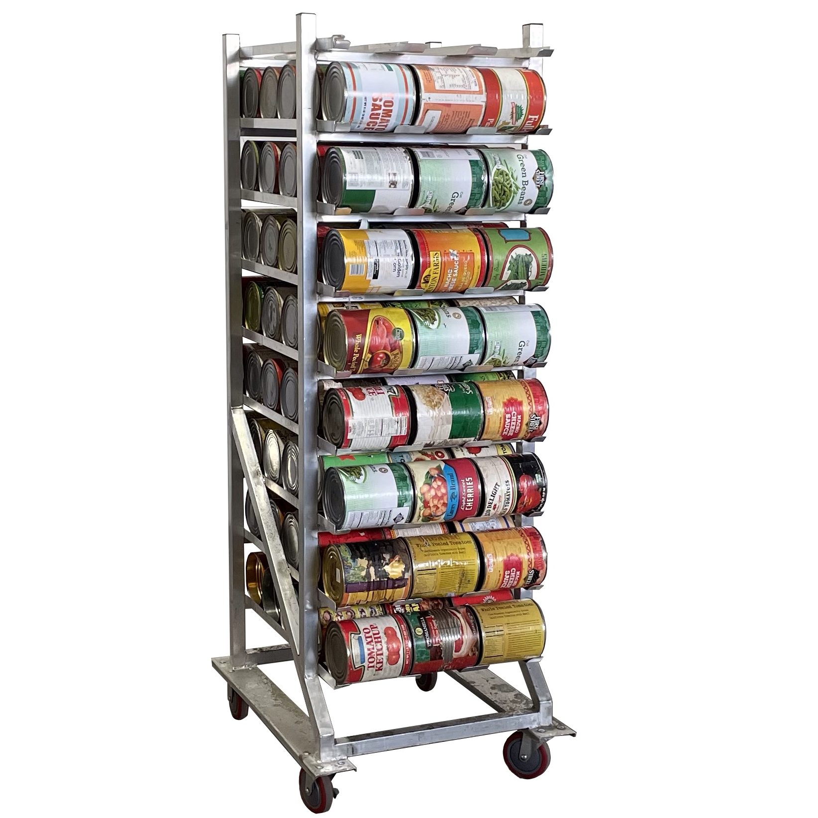 FOOD CAN STORAGE RACK / ROLLING / ALUMINUM / WITH CANS